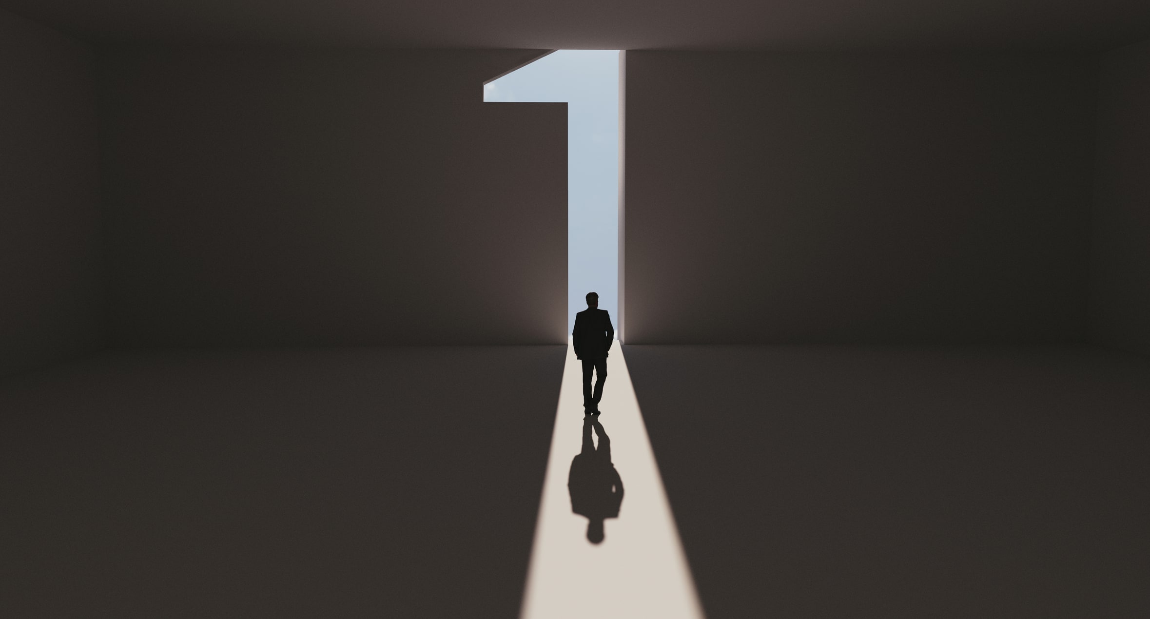 Man-walks-towards-a-big-number-one-symbol-that-lights-up-types-of-goals